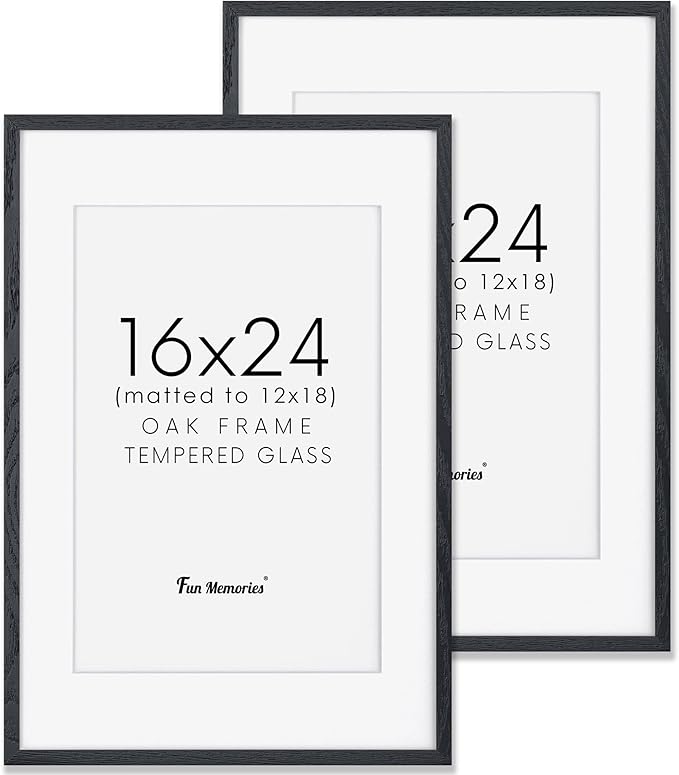 Fun Memories Black 16x24 Picture Frame, Oak Wood 16 x 24 Poster Frames Set of 2, Rustic 16 by 24 Frame for Wall, 16x24 Frame with Mat for 12x18, Tempered Real Glass
