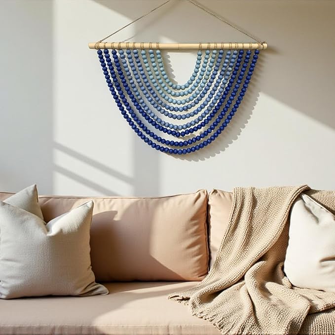 Fenisam Boho Chic Wooden Bead Garland Wall Hanging Tapestry, Natural-Inspired Home Decor for Living Room, Bedroom, Entryway, Nursery, Apartment & Dorm (Sky Blue Gradient, 24 Inches)