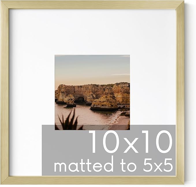 HAUS AND HUES 10x10 Gold Metal Picture Frame Matted to 5x5 - Features Premium Aluminum & Hanging Hardware, Shatterproof Plexiglass - Ideal for Home, Office (10x10 in, Gold, Set of 1)