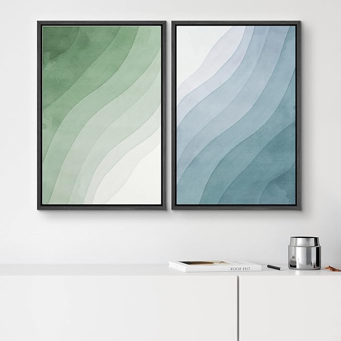 SIGNWIN Framed Canvas Print Wall Art Set Pastel Watercolor Green Blue Wave Collage Abstract Shapes Illustrations Modern Art Minimal Boho Colorful for Living Room, Bedroom, Office - 24"x36"x2 Black