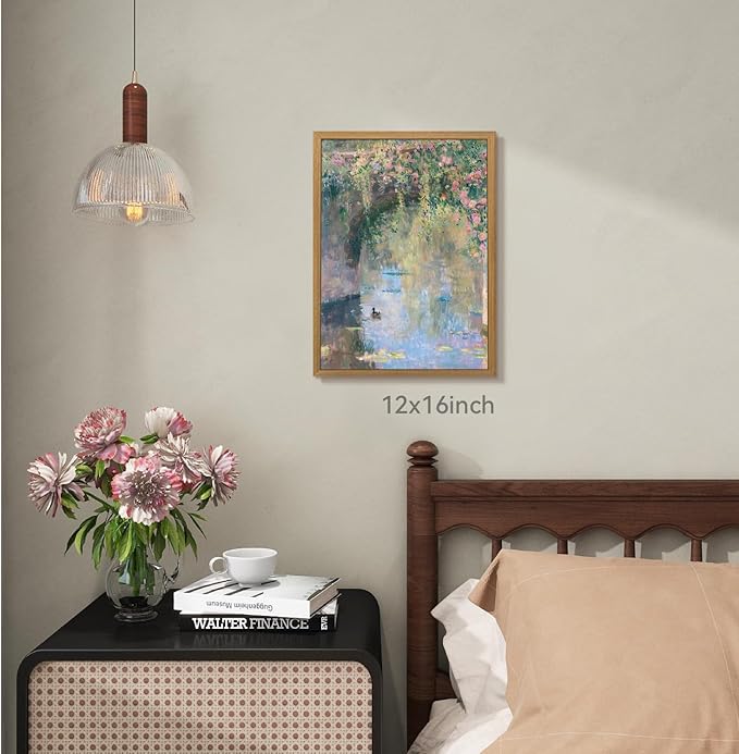 CAZLOUC Vintage Monet Floral Wall Art, Rustic Still Life Canvas Painting, Impressionist Pond Duck Wall Decor, Watercolor Botanical Landscape Poster Print for Bedroom Bathroom Wood Framed 16x24 Inch