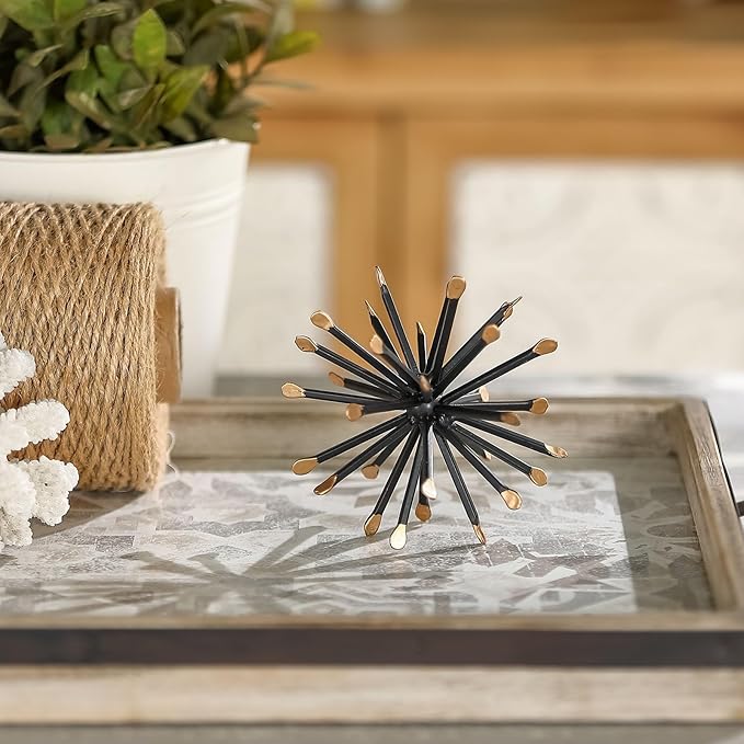 Retrome Black & Gold Sphere Decor, Metal Starburst Table Shelf Decor, Geometric Decorative Objects for Shelves, 3D Spike Decor Sculpture Home Decor Accents, 4.3”