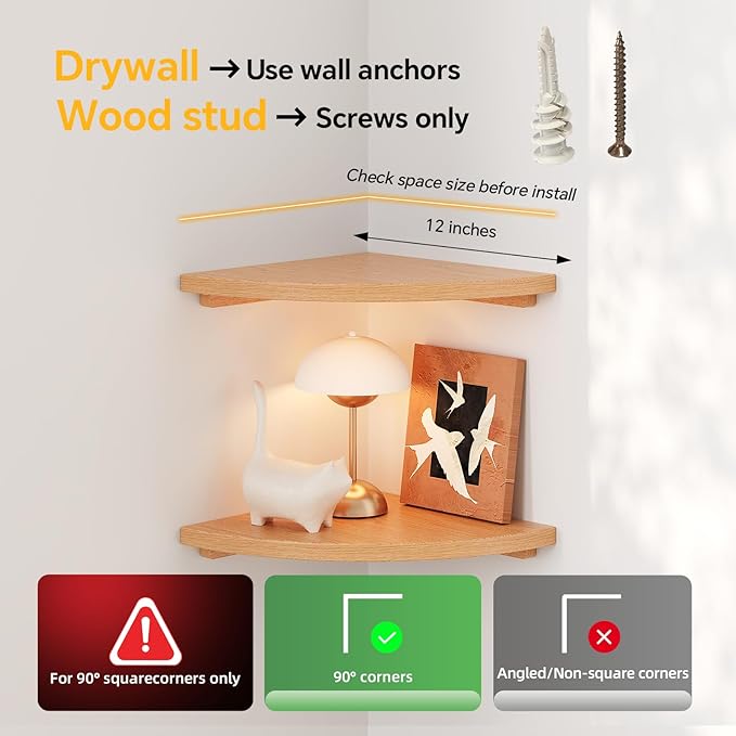 Floating Corner Shelves Oak 12", Solid Oak Wall Mounted Wooden Display Storage Rack with Wire Hole for Plants, Photos, Speakers, Bedroom, Kitchen, Living Room Décor - 1-Pack