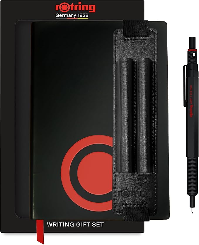 rOtring 600 BLK MP 0.5 Gift Set with PU Pen Pouch and Notebook | All-Metal Body Propelling Mechanical Pencil | Black | Non-Slip Knurled Grip & Hexagonal Barrel