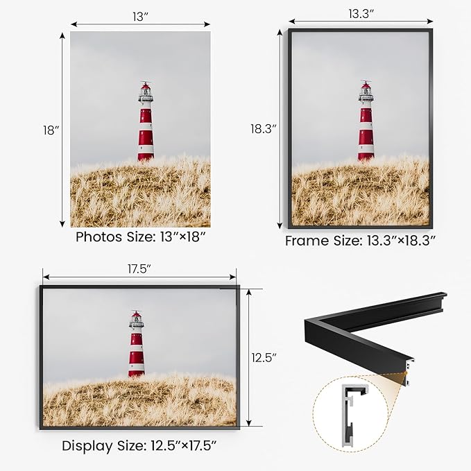 13x18 Aluminum Metal Picture Frame,Tempered Glass Black Photo Frame 13x18 for Family Photo,Posters,Art,Document to Wall Mount Horizontally or Vertically