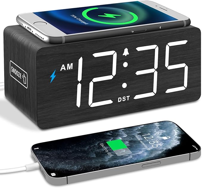 DreamSky Wooden Digital Alarm Clock with Wireless Charging for Bedroom, Bedside Nightstand Clock with Charger Station, USB Port, Large Numbers, Adjustable Volume, Brightness Dimmer, DST