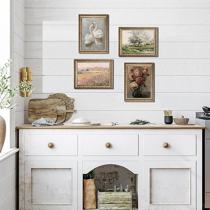 uniro Vintage Wall Art Prints Wildflower Farmhouse Wall Decor, Vintage Landscape Canvas Oil Painting Peach Pink Flowers Mounatin Artwork for Bedroom Nursery Decor (8" x 10"-UNFRAMED)
