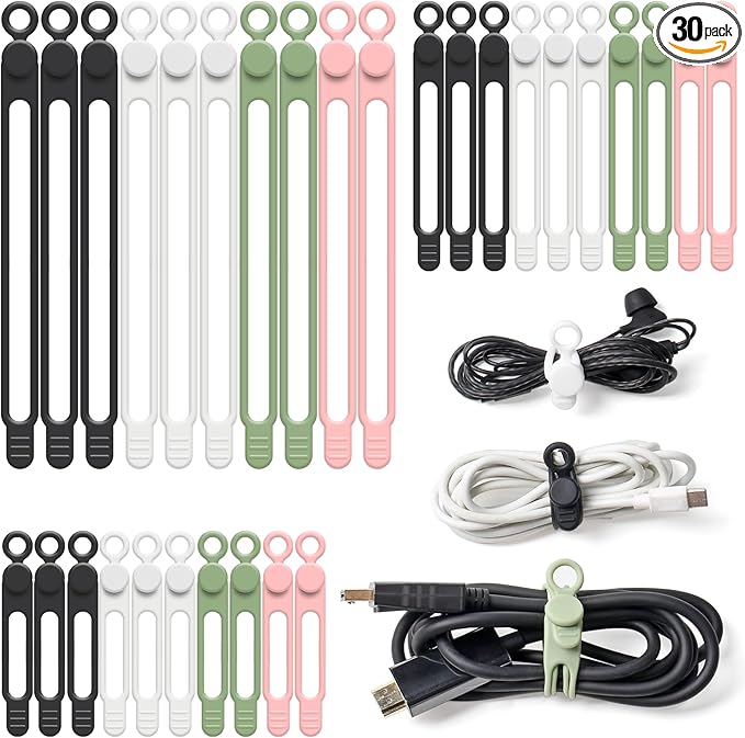 OneLeaf 30Pcs Cord Organizer, Silicone Cable Ties Reusable, Cord Ties for Electronics, Multipurpose Elastic Wire Ties, Travel Essentials for Cable Organizer, Wire Organizers for Fastening Cords
