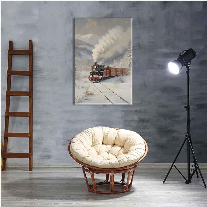 Canvas Wall Art Christmas Print Train Painting Winter Scenery Landscape Snowy Railroad Wall Art Moody Christmas Decor 20x30in-UnFramed