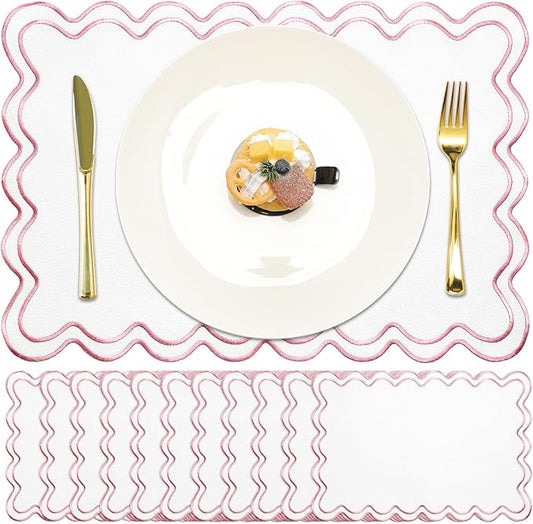 12 Set Linen Placemat 13x19 Wavy Embroidery Scalloped Placemat Double Layered Washable Farmhouse Dinner Table Mat Fabric Napkin for Christmas Hotel Restaurant Wedding Party(Pink)