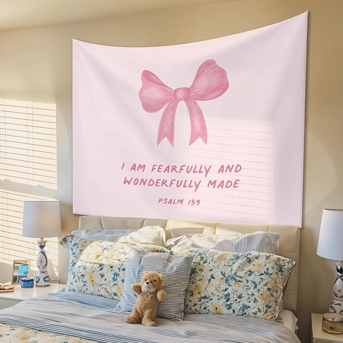 STHTTSW Pink Bow Christian Tapestry, I Am Fearfully And Wonderfully Made Tapestries Wall Blanket, Cute Coquette Tapestry Decor for Girl College Dorm Apartment Bedroom Church, 50x60 Inch