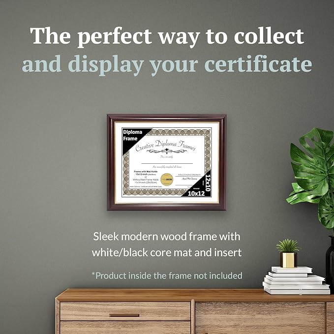 Creative Picture Frames 10x12 Mahogany Gold Rim Diploma Frame with White Mat Glass Easel and Installed Wall Hangers | Frame Holds 11x14 Media without Mat
