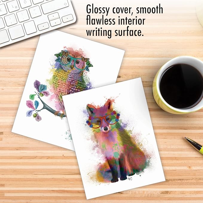 The Best Card Company - 20 Assorted Watercolor Animal Blank Notecards Box Set 4 x 5 In with Envelopes (10 Designs) Camp Note Cards Stationery Set, Funky Rainbow Wildlife AM4948OCB-B2x10