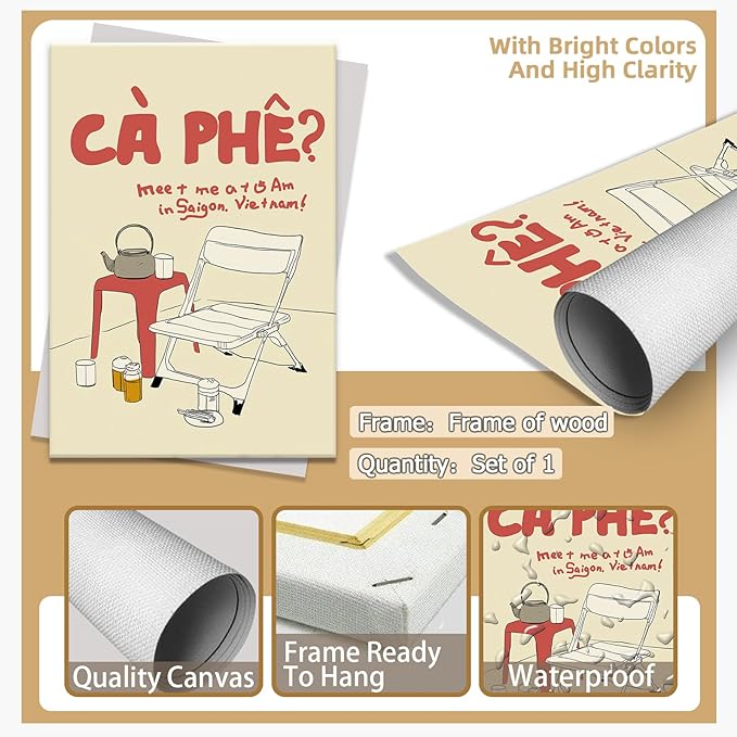Framed Vintage Vietnamese Coffee Culture Wall Art Outdoor Folding Chair Tea Set Canvas Poster Meet Me At 5 Am In Saigon Vietnam Print Painting Minimalist Decor for Living Room Decoration 16x24inch
