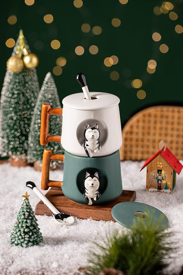 DIHOclub Ceramic Coffee Mug with Lid and Matching Spoon,Novelty 3D Husky Pattern Mug for Tea Milk,Cute Cup for Dog Lovers,14 Ounces (white)