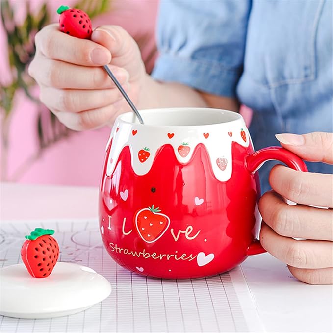 Coffee Mug Cups Ceramic Tea Cup Fruits Strawberry Shaped Handmade Cute Mugs With Lid Spoon Handle Office Home Hot Ice Chocolate Milk Mugs Gift Microwave Dishwasher Safe Travel Mugs (Strawberry)