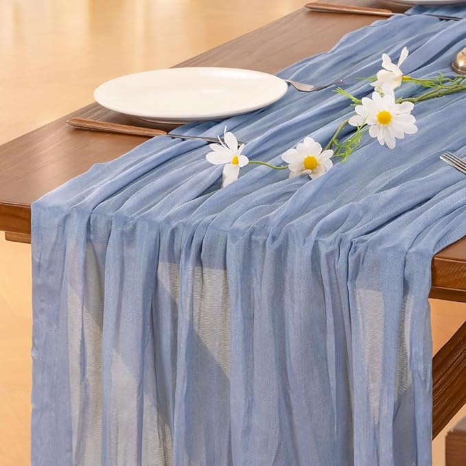 Socomi Dusty Blue Fall Thanksgiving Cheesecloth Table Runner Boho Rustic Gauze 120 inch 10FT Cheese Cloth Runner for Wedding Party Baby Shower Birthday Home Decor Holiday Decorations
