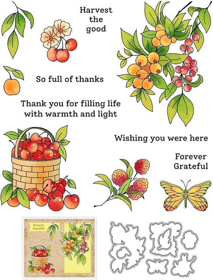 Harvest Season Fruit Basket Stamps and Cutting Dies for Card Making DIY Transparent Silicone Clear Stamp and Metal Die Cuts Sets for Scrapbooking Paper Greeting Cards Decor Seals Craft Supplies