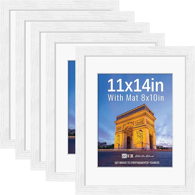 VCK 11x14 Picture Frames White Set of 5, Wide Border Wood, Tempered Glass, Display 8x10 Poster Photo with Mat or 11 x 14 Without, for Home, Office, Gallery, Woodgrain Series, Wall Hanging