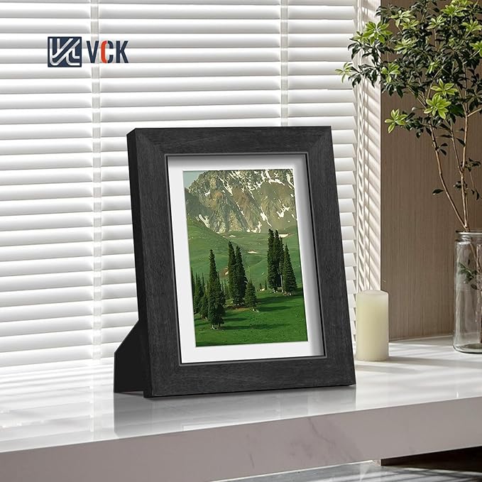 VCK 5x7 Picture Frames Black Set of 5, Wide Border Wood, Tempered Glass, Display 4x6 Photo with Mat or 5 x 7 without, for Home, Office, Gallery, Woodgrain Series, Tabletop & Wall Hanging