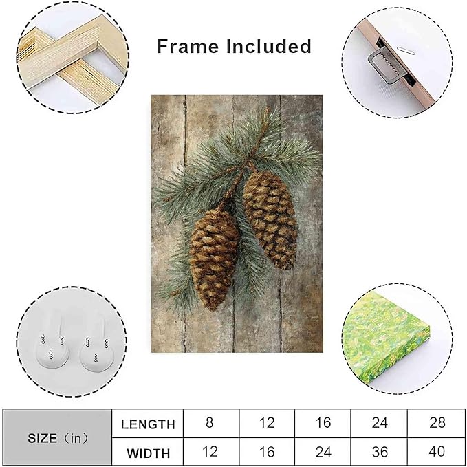Vintage Christmas Canvas Painting Botanical Wall Art Nature Print Forest Decor Rustic Woodland Poste Holiday Evergreen Art Country Landscape Indoor Decor for Office Living Room Framed Ready to Hang