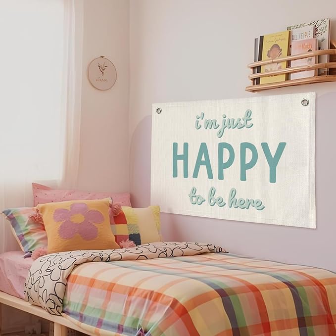Kids Room Decor, I'm Just Happy to Be Here Banner, Cute Positive Linen Canvas Banner Wall Hanging Flag Decor for Toddler Bedroom Nursery Playroom Classroom Preschool Daycare