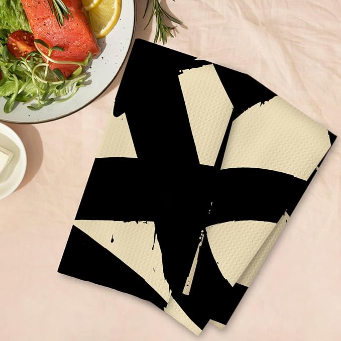 Beige and Black Abstract Kitchen Towels, Black and Cream Boho Minimalist Dish Tea Towels for Kitchen Decor, Mid Century Modern Neutral Hand Towels for Bathroom Decor, 16x24 Inches Set of 2