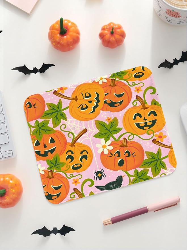 Seorsok Halloween Funny Pumpkin Mouse Mat,Greenery Decor Mouse Pads for Office Laptop,Washable Square Cute Mousepads with Extended Stitched Edges Non Slip Rubber Base 9.5"x7.8"x0.12" Inch,Pink