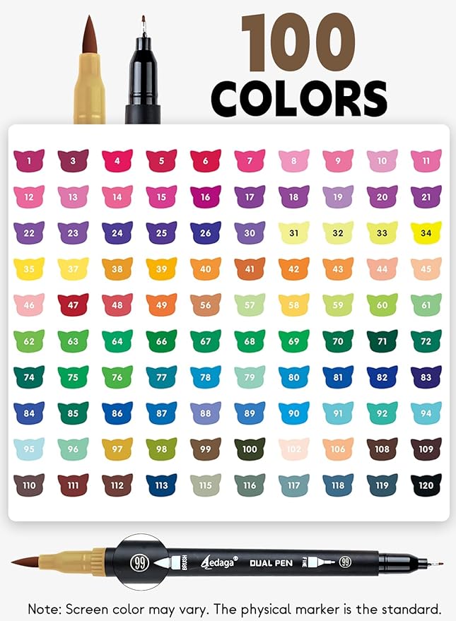 100 Colors Dual Brush Markers, Fine and Brush Tips Numbered Pens with App, for Adults and Kids, Coloring Book Bullet Journaling Note Taking Planner Hand Lettering Calligraphy Drawing Art Supplies Kit