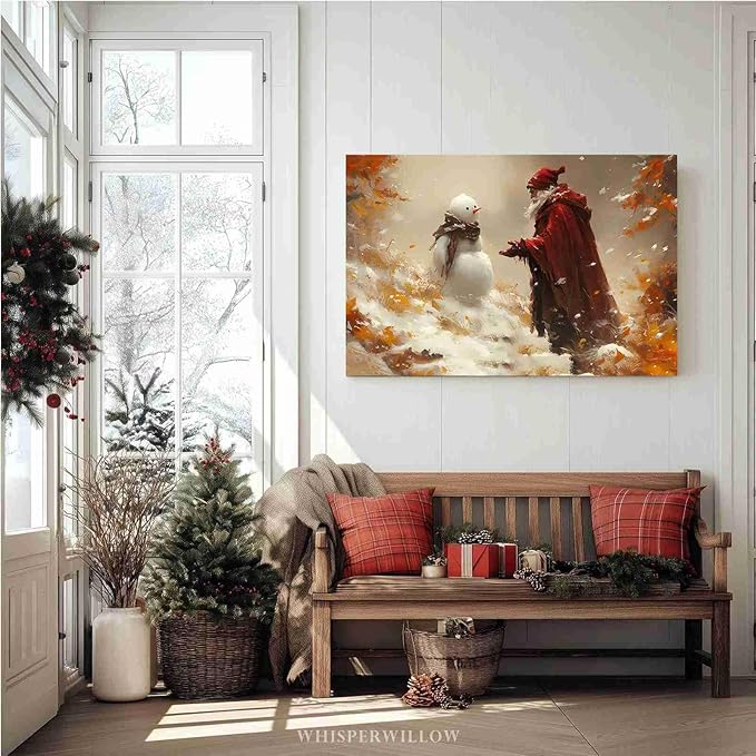 Vintage Christmas Canvas Painting Santa with Snowman Christmas Character Canvas Wall Art Holiday Winter Poster Indoor Decor for Home Offices Living Room Bedroom Dining Room Framed Ready to Hang