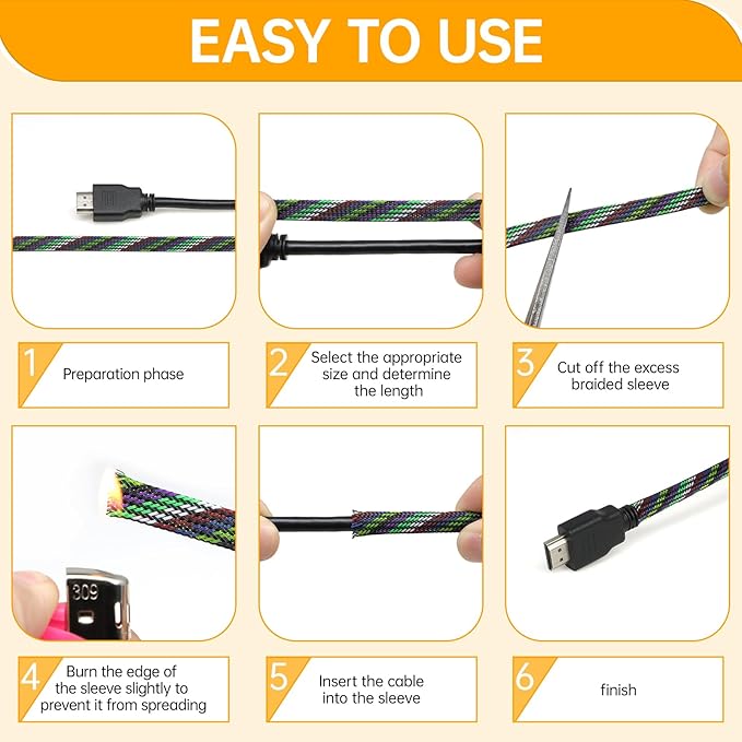 Braided Wire Loom Sleeve - Pet Proof Chew Resistant Cable Wrap, High Density Expandable Cable Sleeving for Automotive Wire Harness & PC Computer Case 16.4ft (7 Colors, 6mm (1/4"))