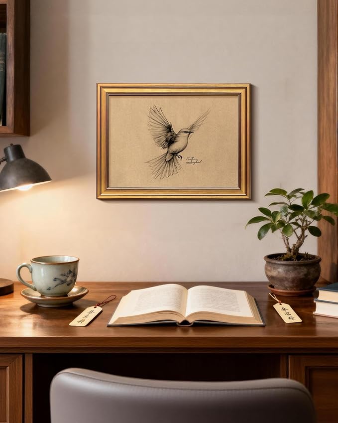 Bzstyleart Vintage Wall Art Decor,Framed Vintage Wall Decor Texas State Bird,Anthropologie Art,Birds Canvas Prints Home Decor,Sketch Painting Picture for Living Room Decor,12L x 16W
