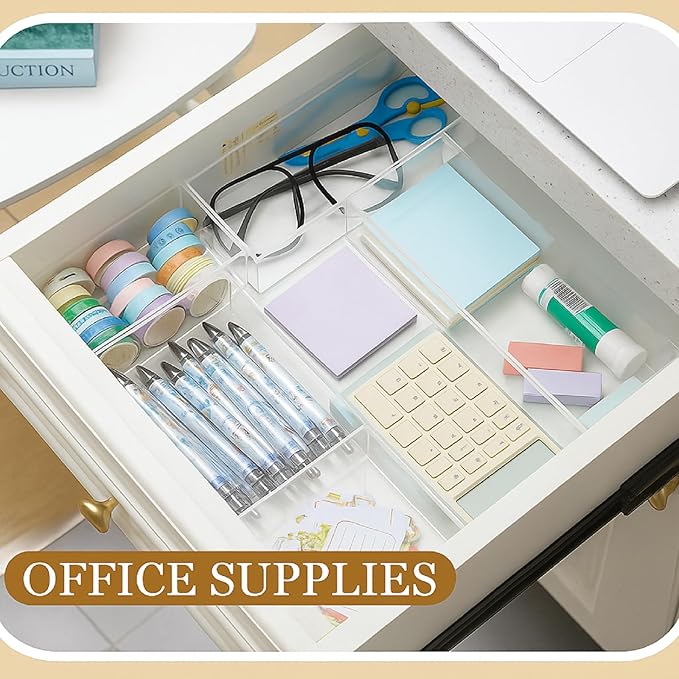 5 Pack Acrylic Desk office Organizer, Makeup Drawer Organizer Trays, Storage Bins for stationery, Makeup, Jewelry, Gadgets for Kitchen, Office, Bedroom, Bathroom