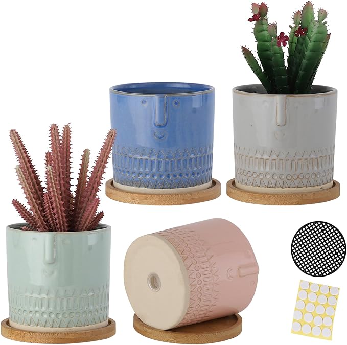 4 Inch Ceramic Planters with Drainage Hole and Bamboo Tray, Face Pattern Succulents Pots for Indoor Outdoor Plants, Cactus, Herbs, Multicolor, Set of 4