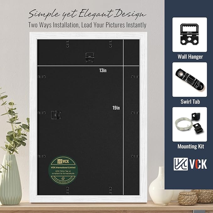 VCK 13x19 Picture Frames White Set of 5, Wide Border Wood, Tempered Glass, Display 11x17 Photo with Mat or 13 x 19 without, for Home, Office, Gallery, Woodgrain Series, Wall Hanging