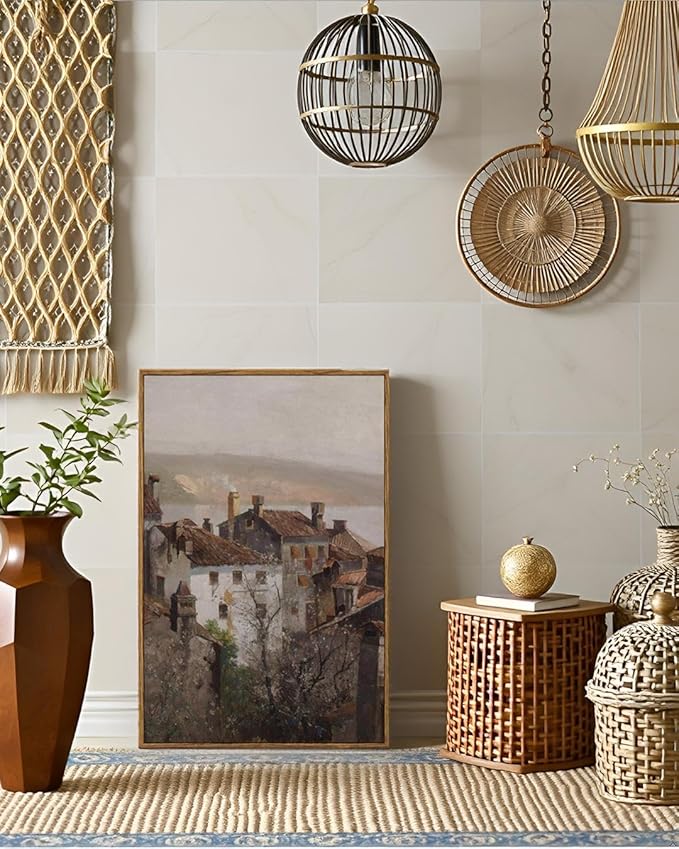 VIYYIEA Vintage Framed Canvas Wall Art, European Towns Landscapes Art, Living Room Hallway Bedroom Library Rustic Retro Neutral Decor, Antique Country Town Picture Paintings,16x24 Inch