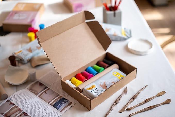 Jovi - DIY Air Dry Kit & Mirror - Pottery Kit for Adults, Making a Mirror Holder with White Air Dry Clay + Paints, Sculpting Tools, Step-by-Step Guide and Video Tutorial, Starter Set for Beginners