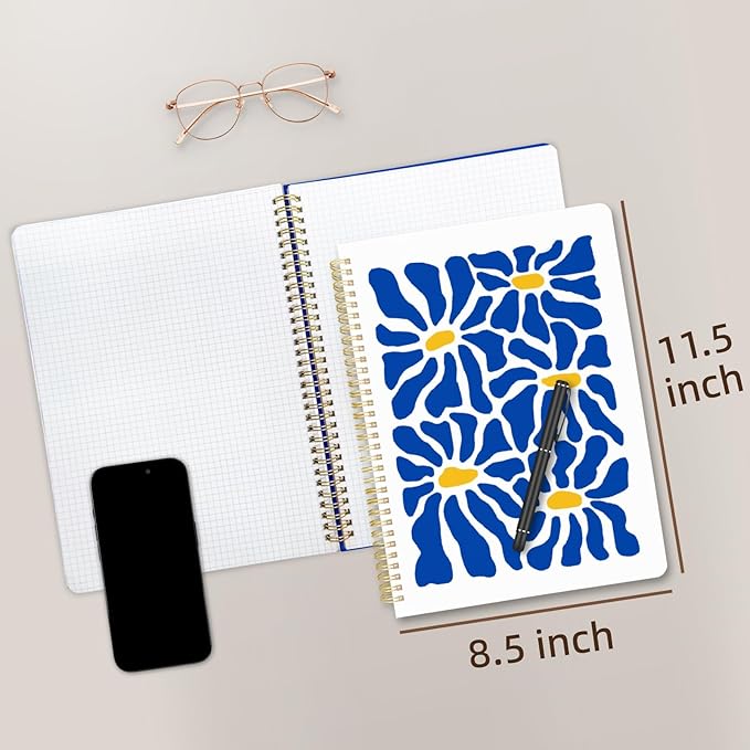 Cute Spiral Notebook journal A4 Aesthetic Pretty Design for Women Girls Kawaii with Pocket, 8.5 x 11 inch, Graph, Blue Flower