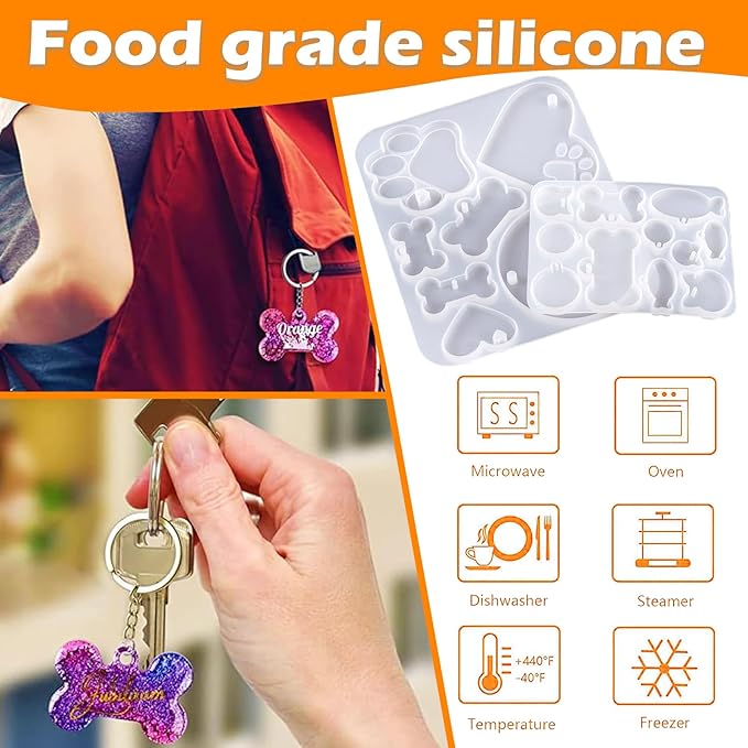 Pet Tag Resin Molds, Silicone Mold for Resin Casting Pet Collar Tags, Dog Paw/Bone/Circle/Heart Silicone Mold Set with 10 Keychains, DIY Keychain Pendant Charm Crafts-Make Dog Cat Name Tags