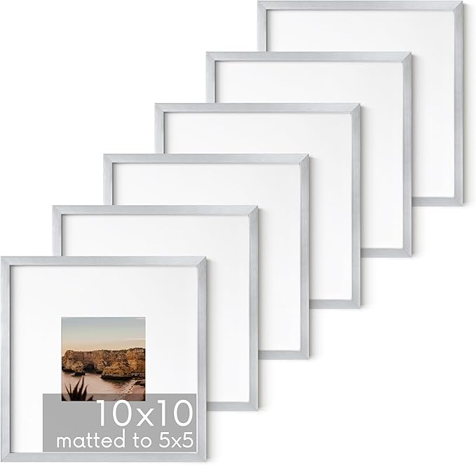 HAUS AND HUES 10x10 Silver Metal Picture Frames Matted to 5x5 - Premium Aluminum with Hanging Hardware, Shatterproof Plexiglass - Ideal for Home or Office (10x10 in, Silver, Set of 6)
