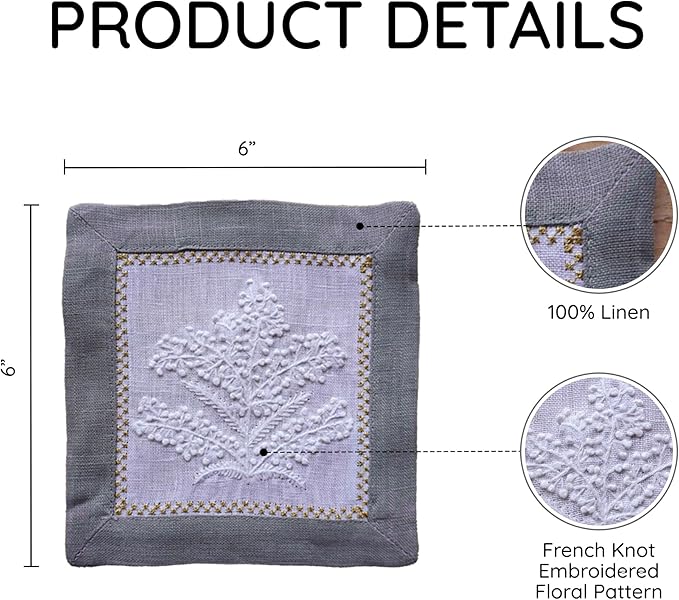 Cocktail Napkins Set of 6, 6x6 inch, 100% Linen, French Knot Hand Embroidered Floral Pattern, Reusable & Washable Napkin Coasters for Drinks, Parties, Weddings (Grey)