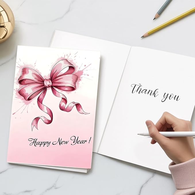 (5.3x8in) Happy New Year Card, Elegant Pink Bow with Watercolor Splash, Classy Greeting Card for Women, Friends, Coworkers or Family, New Year’s Eve Celebration Stationery Envelope (Xmas 38)