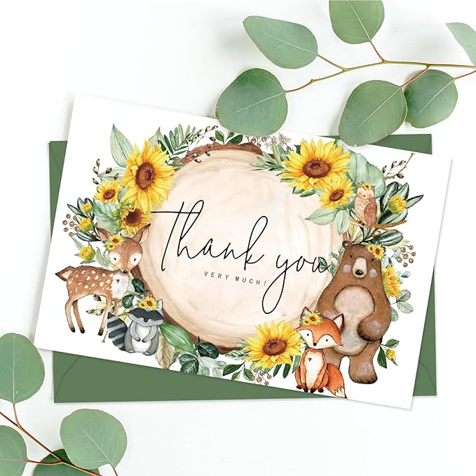 JarThenaAMCS 50 Pack Woodland Sunflower Thank You Cards Greenery Forest Animal Greeting Cards with Envelopes Stickers Blank Note Card for Birthday Baby Shower, 4 x 6 Inch