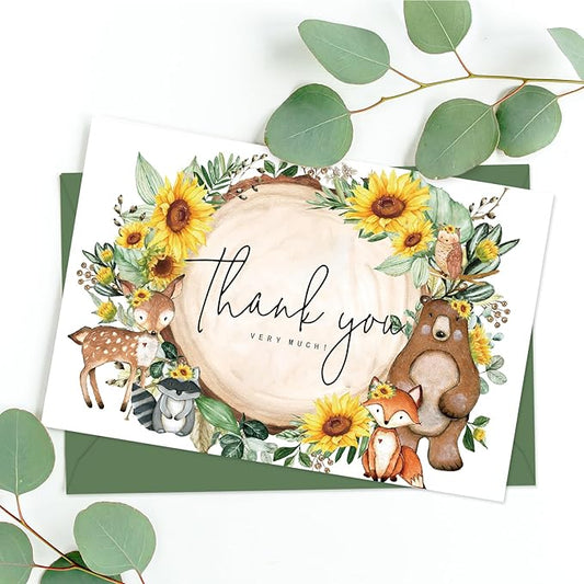 JarThenaAMCS 50 Pack Woodland Sunflower Thank You Cards Greenery Forest Animal Greeting Cards with Envelopes Stickers Blank Note Card for Birthday Baby Shower, 4 x 6 Inch