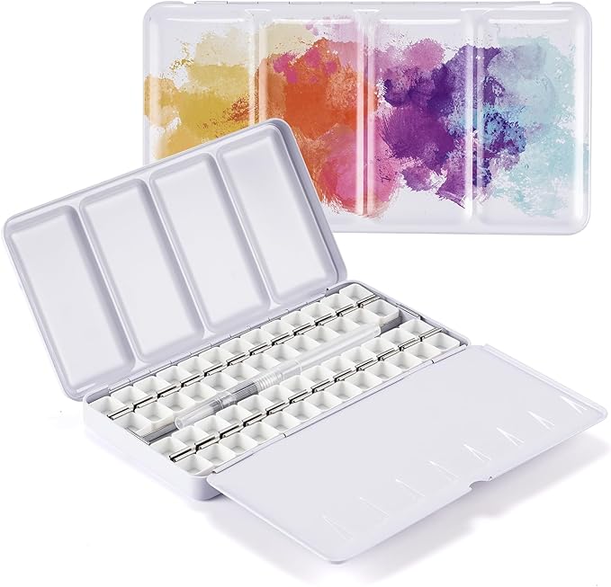 PEVART Empty Watercolor Paint Palette case,Metal Water Color Tin Box with 52 Empty Half Pans and Fold-out Mixing Painting Tray-Portable Travel Watercolor Palette, Plain Air painting