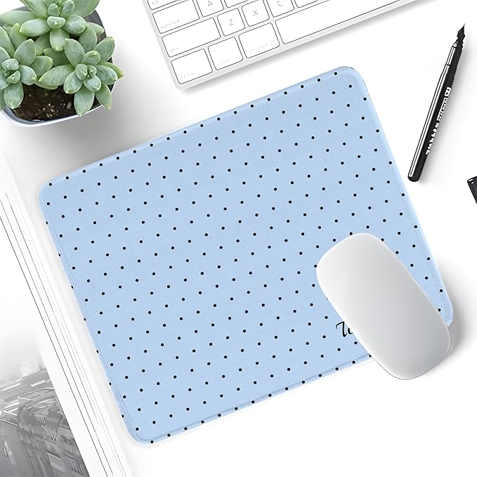 Seorsok Baby Blue Mouse Mat,Premium Textured Mouse Pads for Office Laptop,Washable Square Mousepads with Extended Stitched Edges Non Slip Rubber Base 9.5"x7.8"x0.12"Inch,Black Polka Dot Design