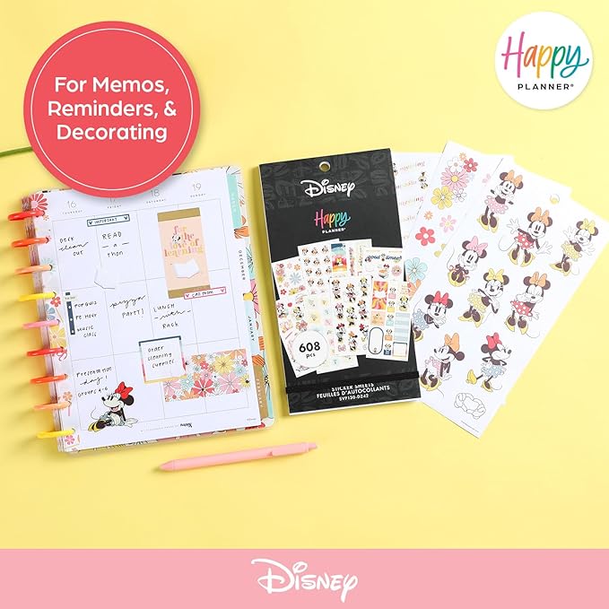 Happy Planner Disney Sticker Pack, Multicolored Planner Stickers for Teachers, Back-to-School Accessories, Sunny Minnie Theme, Classic Size, 30 Sheets, 608 Stickers Total