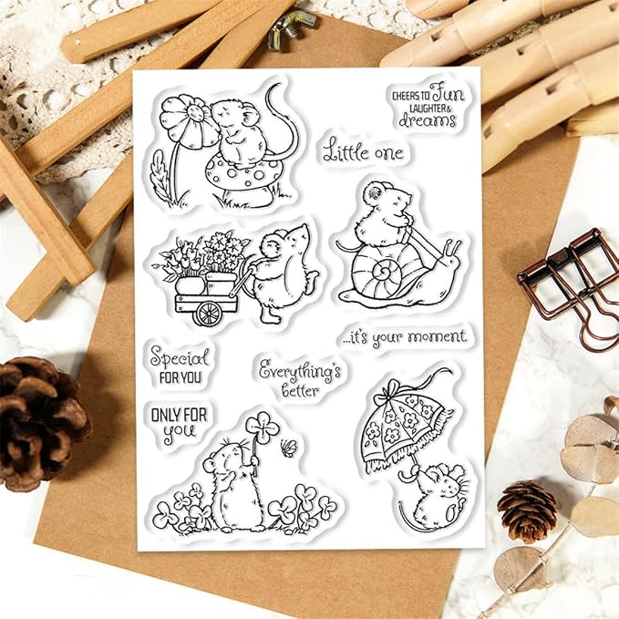 Cozy Mouse Mushroom Stamps and Cutting Dies for Card Making DIY Transparent Silicone Clear Stamp and Metal Die Cuts Sets for Scrapbooking Paper Greeting Cards Decor Seals Craft Supplies