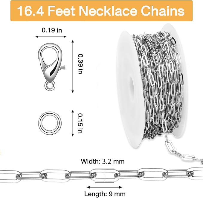 16.4Ft Paperclip Chains Rolls, Charm Necklace Chain 3.2mm Width，Silver Necklace Chain for Jewelry Making，Plated Charm Bracelet Making kit with 10 Lobster Clasps and 60 Jump Rings