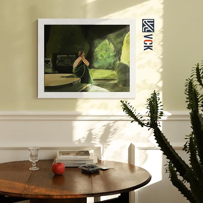 VCK 16x20 Picture Frames White Set of 5, Wide Border Wood, Tempered Glass, Display 11x14 Photo with Mat or 16 x 20 without, for Home, Office, Gallery, Woodgrain Series, Wall Hanging